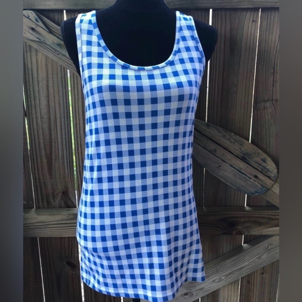 Time & Tru Blue & White Checkered Ribbed Fitted Tank Top Size XL